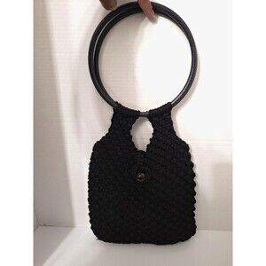 VTG Handmade Crochet Shoulder Bag Wood Handles Black Hand Woven Beach Summer Y2K